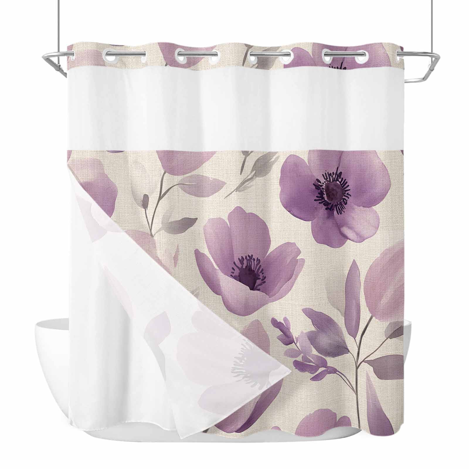 Purple Flower No Hooks Shower Curtain with Snap-in Liner Spring Floral ...