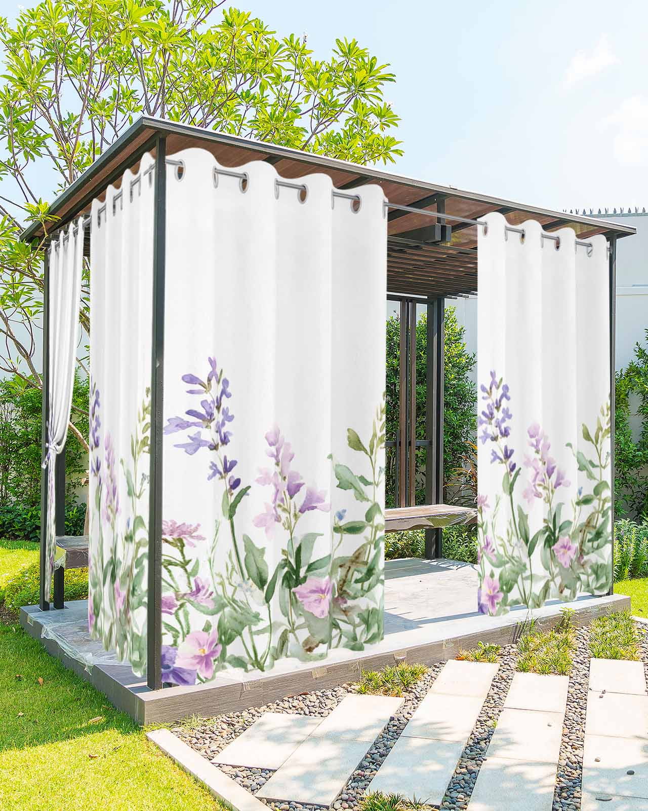 Purple Flower Outdoor Curtains for Patio, Spring Pink Lavender Floral ...
