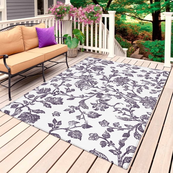 Purple Flower Outdoor Rug 5x8 Ft, Non Slip Washable Area Rug, Vintage Farmhouse Boho Leaf Spring Plant Patio Rugs Carpet Runner, Large Floor Mat for Indoor/Outdoor Deck Porch Camping