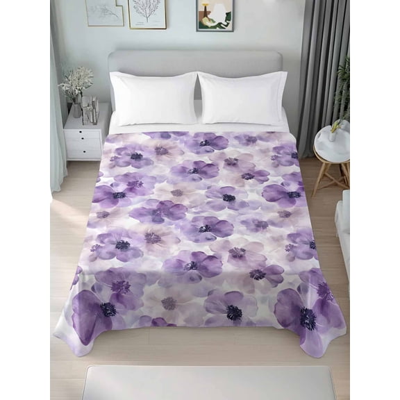 Purple Flower Queen Size Flat Sheet, Wrinkleproof & Fadeproof Cooling Flat Bed Sheet Only, Ombre Botanical Watercolor Floral Spring Breathable Soft Bedding Top Sheets 90 x 102 Inches