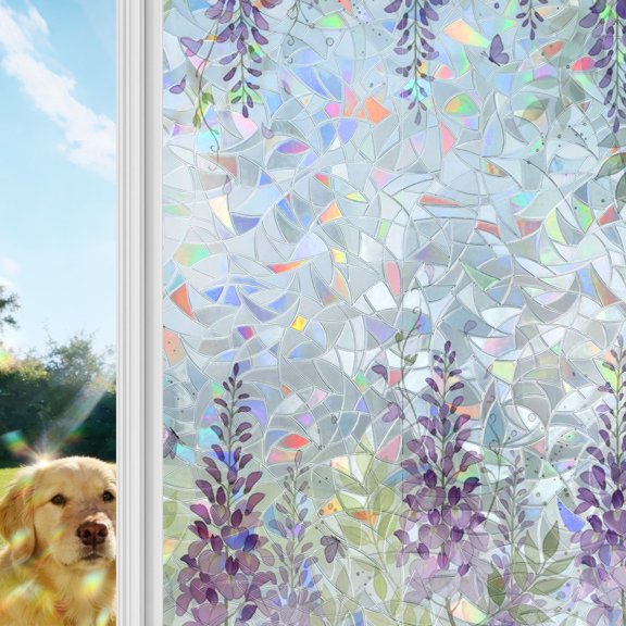 Purple Flower Rainbow Window Privacy Film, Rustic Boho Floral Farmhouse Country Drooping Petals Stained Glass Window Film, Sun Blocking Glass Clings Non Adhesive Door Stickers 17.7 x 39.3 Inches