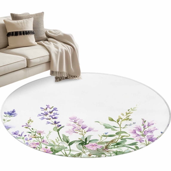 Purple Flower Round Area Rug 4ft Spring Pink Lavender Floral Botanical Pastoral Non-Slip Washable Circle Rugs Soft Felt Indoor Floor Mat for Bedroom Kitchen Living Room Bathroom