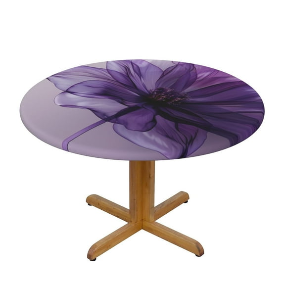 Purple Flower Round Fitted Tablecloths Table Covers Wipeable Waterproof Elastic for Kitchen Dinning Parties Wedding Picnic Small Fits 40-44 Inch Table Size