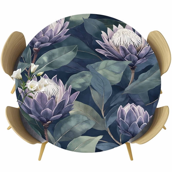 Purple Flower Round Tablecloth 36-44 Inch Round Fitted Table Cloth with Elastic Edge, Botanical Budding Flowers Leaf Plant Waterproof Table Cover Protector for Outdoor Picnic Party Dining