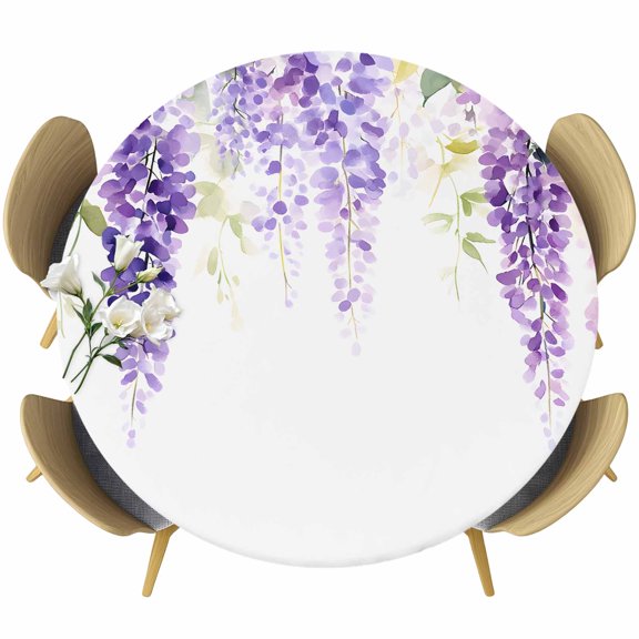 Purple Flower Round Tablecloth 36-44 Inch Round Fitted Table Cloth with Elastic Edge, Spring Watercolor Green Leaf Plant Waterproof Table Cover Protector for Outdoor Picnic Party Dining