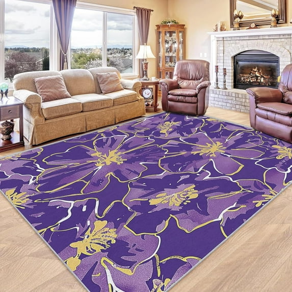 Purple Flower Rug Washable Elegant Floral Rugs For Living Room Bedroom, Purple Floral Area Rug For Home Decor, Non Slip Backing Floor Carpet 3x5ft