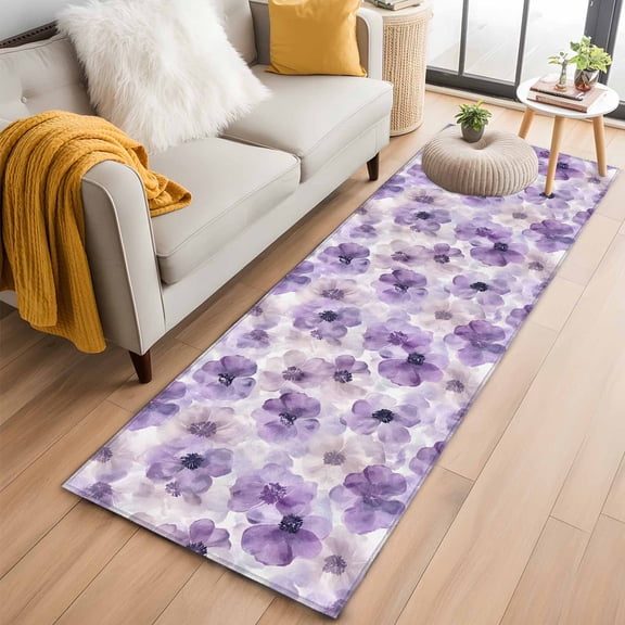 Purple Flower Runner Rug 2x6 FT,Non Slip Hallway Rugs,Ombre Botanical Watercolor Floral Spring Washable Soft Floor Carpet Throw Runner Carpet Long Rugs for Entryway Kitchen Bedside Sliding Door