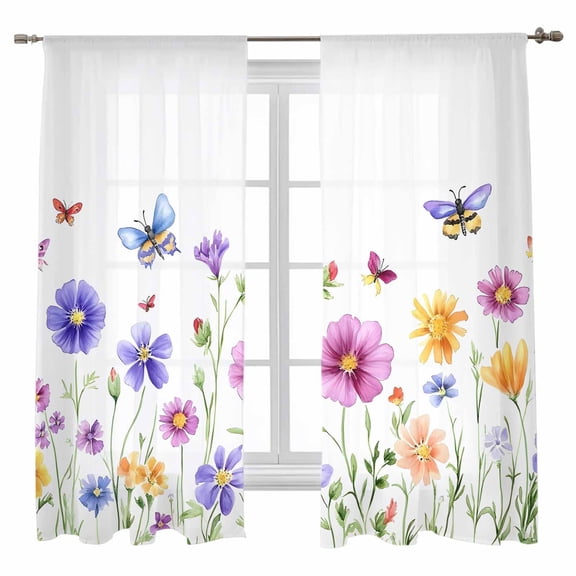 Purple Flower Sheer Curtains 63 inches Long 2 Panels Set Watercolor Butterfly Wildflower Plant Sheer Window Curtain Rod Pocket Voile Drapes for Living Room/Bedroom, Each 52" W x 63" L