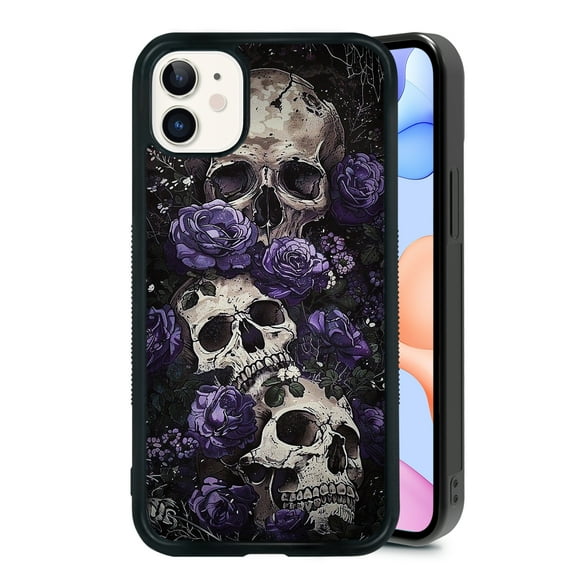 Purple Flower Skull Skeleton for iPhone XR 7 8 SE 11 12 13 Mini 13 14 15 16 Pro Max Case, Cute Aesthetic Death Gothic Shock-Absorbent Protective,Black