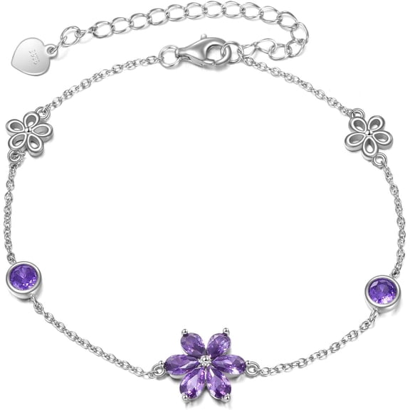 Purple Flower Sterling Silver Bracelets Crystal Flower Charm Link Chain Bracelet Jewelry Gifts for Women