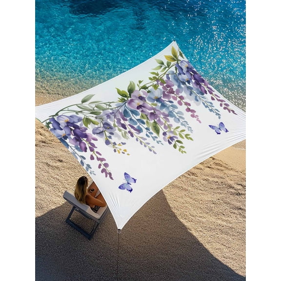 Purple Flower Sun Shade Sail 6.5' x 10', Vintage Watercolor Purple Wisteria Floral Butterfly Rectangle Outdoor Sunshade Canopy, Waterproof UV Block Patio Covers for Garden Yard Beach