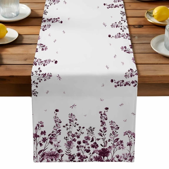 Purple Flower Table Runner, Dragonfly Leaf Bud Ink Style Plant Nature Kitchen Table Runners Dress Scarves for Table Decorations Party/Restaurant/Indoor Outdoor Use, 13x36in