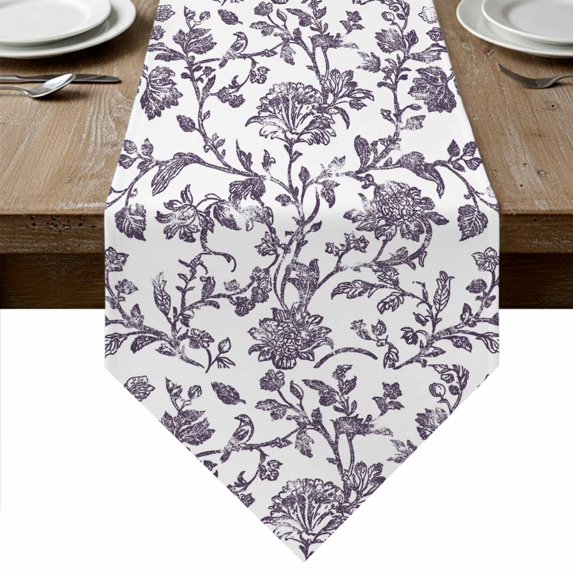 Purple Flower Table Runner Linen Burlap Table Runner 72 Inches Long Vintage Farmhouse Boho Leaf Spring Plant Dresser Scarves for Kitchen Island Coffee Dining Party Wedding Holiday Decor 14"x72"