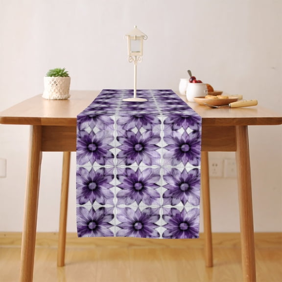 Purple Flower Table Runner, Seasonal Fall Winter Kitchen Dining Table Decoration for Home Party Decor 13 x 36 Inch