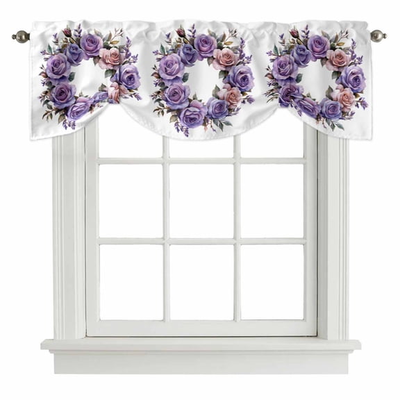 Purple Flower Tie Up Valances Curtain, Spring Wreath Adjustable Rod Pocket Short Window Treatment Tie Up Curtains Valances for Kitchen Living Room Bathroom 42x12 Inches