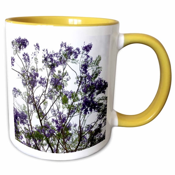 3drose, Purple Flower Tree Jacaranda Against Bright Sky, 11oz Two-tone Yellow Mug