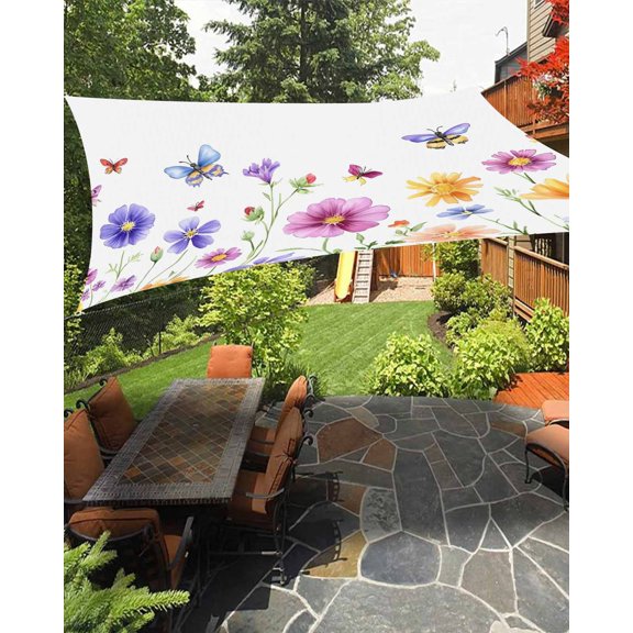 Purple Flower Waterproof Sun Shade Sail Watercolor Butterfly Wildflower Plant Outdoor Patio Sun Shades Canopy UV Block Waterproof Sunshade for Garden Backyard Deck Pergola 6.5x10 Ft