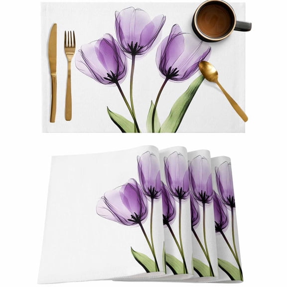 Purple Flower X-Ray Tulip Placemats Set of 4,Wipeable Washable Table Mats for Dining Tables,Country Green Plant on White Place Mats for Kitchen Event Party Tabletop Decor