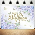 thumbnail image 1 of Women’s Birthday Party Backdrop Banner - Purple Floral Butterfly Design for Cake Table Decor, Happy Birthday Background 6x4 FT, 1 of 5