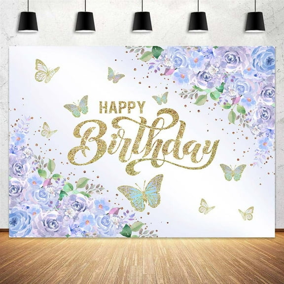Purple Flower and Butterfly Backdrop Happy Birthday Banner Background Women Birthday Party Backdrop Cake Table Birthday Decor 7X5FT