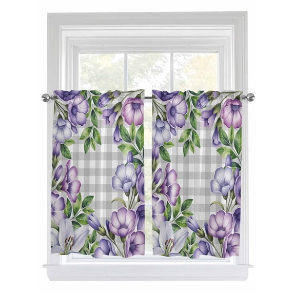 Purple Flowers 2 Panel Kitchen Curtains for Windows, Spring Floral Leaves Plants Gray Plaid Bathroom Privacy Curtain, Home Décor Window Treatment for Bedroom/Living Room 55"x45"