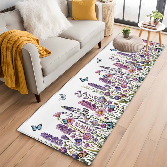Purple Flowers 2'x6' Runner Rugs for Hallway Kitchen Bedside Non Slip, Spring Butterflies Lavender Daisy Botanical Entryway Rug Runners with Rubber Backing, Long Carpet Runner for Laundry Room