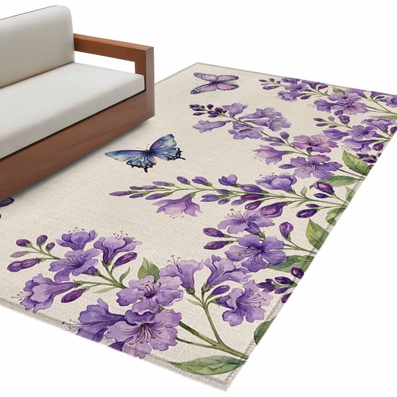 Purple Flowers 3'x5' Area Rugs Spring Watercolor Butterfly Linen Texture Washable Area Rugs Non-Slip Indoor Floor Mats Carpet for Living Room Bedroom Dining Room