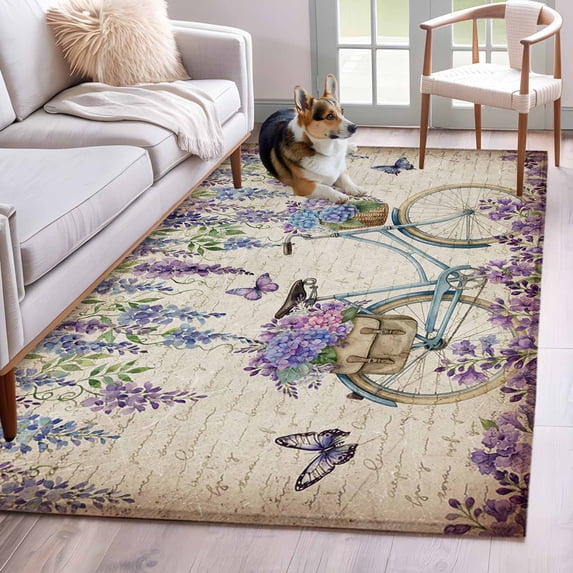 Purple Flowers Area Rugs 4'x6', Washable Small Throw Rugs for Office Bathroom, Weeping Spring Floral Bicycle Retro Art Indoor Outdoor Rug Non-Slip Low Pile Carpet Runner Reversible Floor Mats