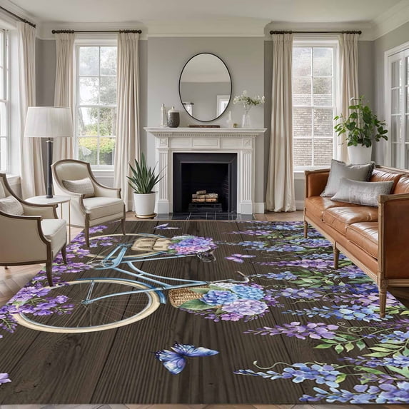 Purple Flowers Area Rugs 5'x8', Small Throw Rugs for Classroom Bedroom, Weeping Spring Floral Bicycle Wooden Farmhouse Indoor Outdoor Rug Non-Slip Low Pile Carpet Runner Reversible Floor Mats