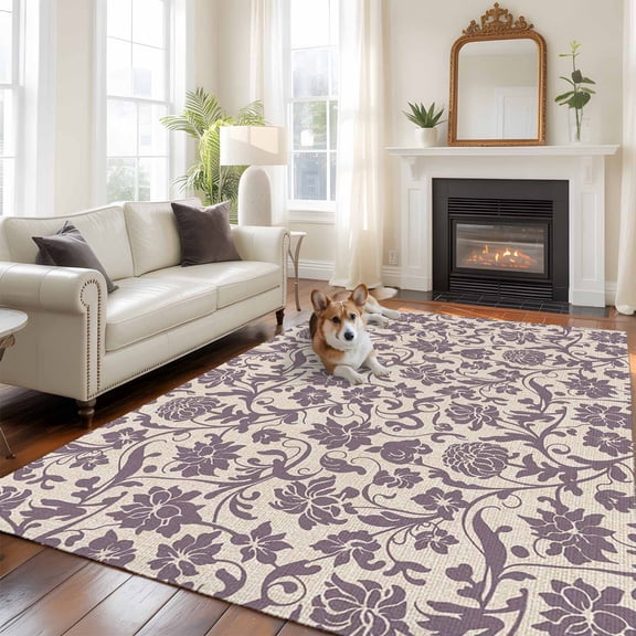Purple Flowers Area Rugs 5x7 ft Vintage Spring Purple Floral Boho Country Plant Washable Rug Non Slip Indoor Carpet Absorbent Floor Mat for Living Room Bedroom Dining Room