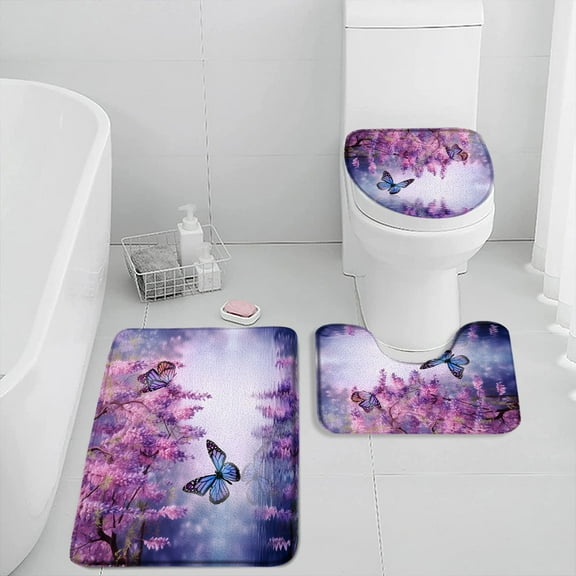 Purple Flowers Bath Mat Set Wisteria Butterly Roses Plants Floral Home Carpet Bathroom Decor Non-slip Bath Rug Toilet Lid Cover