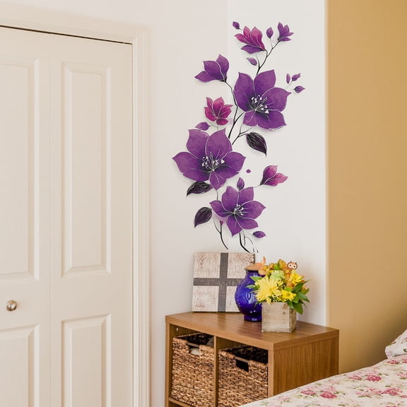 Purple Flowers Bathroom Stickers, Self-Adhesive Wall Sticker, Purple Decoration Decals for Bedroom, Bathroom, Living Room