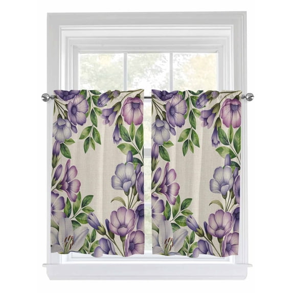 Purple Flowers Bathroom Window Curtain, Spring Leaves Floral Plants Beige Light Filtering Coffee Kitchen Curtains, Bedroom Living Room Curtains 2 Panel 84"x45"