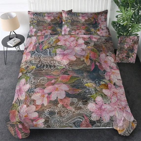 Purple Flowers Bedding Set Floral Duvet Cover Set Flowers Watercolor Bedspreads Polyester King Size Love Gift for