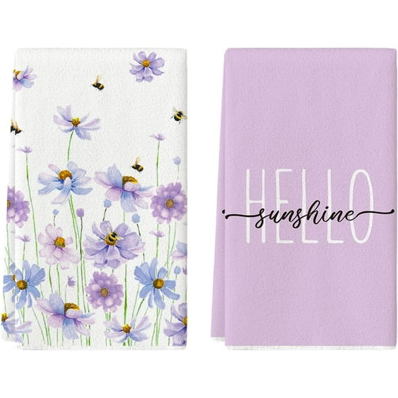 Purple Flowers Bee Hello Sunshine Summer Kitchen Towels Dish Towels, 18x26 Inch Seasonal Holiday Decoration Hand Towels Set of 2