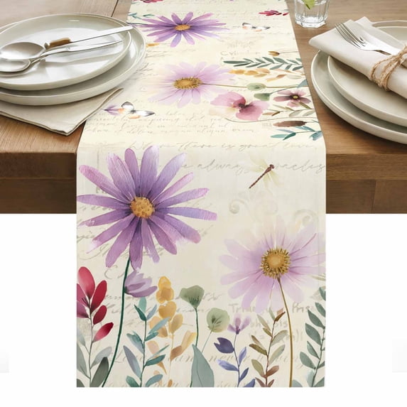 Purple Flowers Blossom Table Runner - 70 Inch Long, Kitchen Dining Table Runner Dresser Scarves, Spring Retro Garden Wildflowers Farmhouse Decor for Coffee Tables Wedding Party Banquet