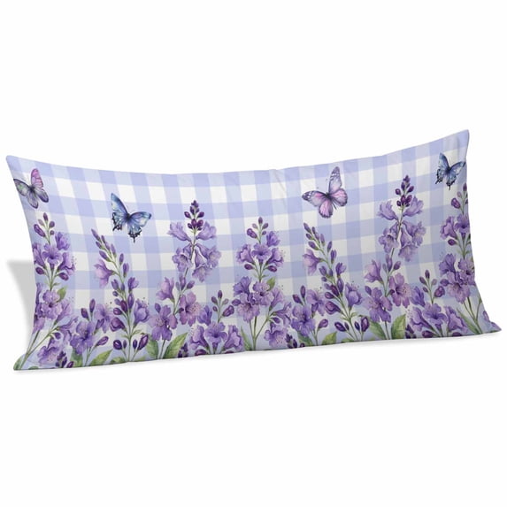 Purple Flowers Body Pillow Covers 20"x60", Butterfly Spring Floral Checkered Farmhouse Soft Brushed Microfiber Breathable Throw Pillow Covers, Decorative Pillowcase with Zipper for Couch Sofa Bedroom