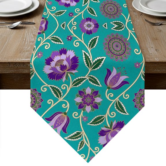 Purple Flowers Boho Table Runner Linen Burlap Table Runner 36 Inches Small Vintage Teal Paisley Floral Botanical Dresser Scarves for Kitchen Island Coffee Dining Room Party Holiday Decor 13"x36"