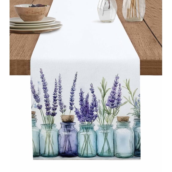 Purple Flowers Burlap Cotton Table Runner 13x90 Inches Long, Farmhouse Botanical Floral Bottle Simple Farmhouse Table Runners, Outdoor Dining Tablecloths Decor for Baby Shower/Party/Wedding