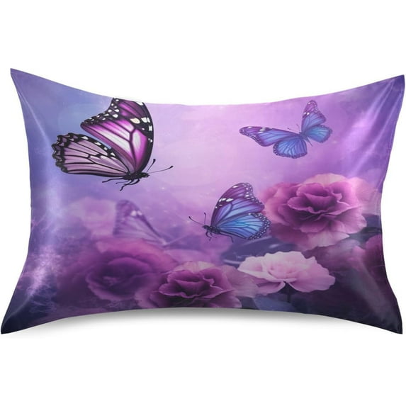 Purple Flowers and Butterflie Satin Pillowcase for Hair and Skin Silk Pillowcase Soft Sleeping Pillow Covers Smooth Cooling Pillowcase with Envelope Closure Size 20x26 in Home Decor Gifts