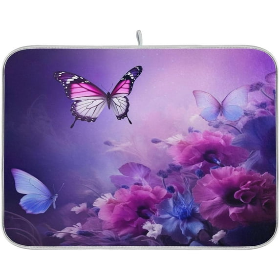 Purple Flowers Butterflies Dish Drying Mat for Kitchen Counter, Ultra Absorbent Reversible Microfiber Dishes Drying Rack Pad Heat-resistant Mats 16x18in Home Decor