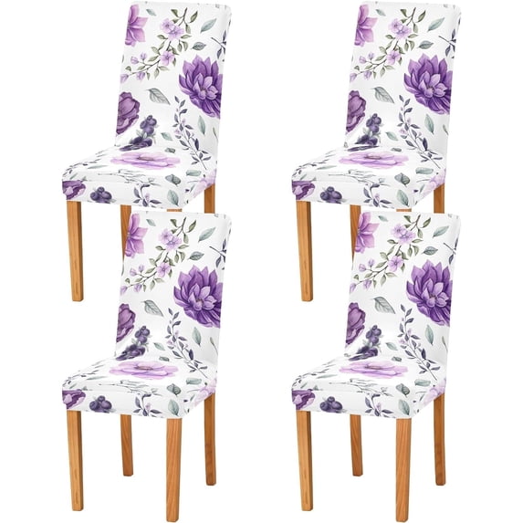 Purple Flowers Chair Covers for Dining Room, Dining Table Seat Covers Set of 4, Dining Room Chair Slip Covers without Arms, Machine Washable Stretchable Dining Room Chair Covers