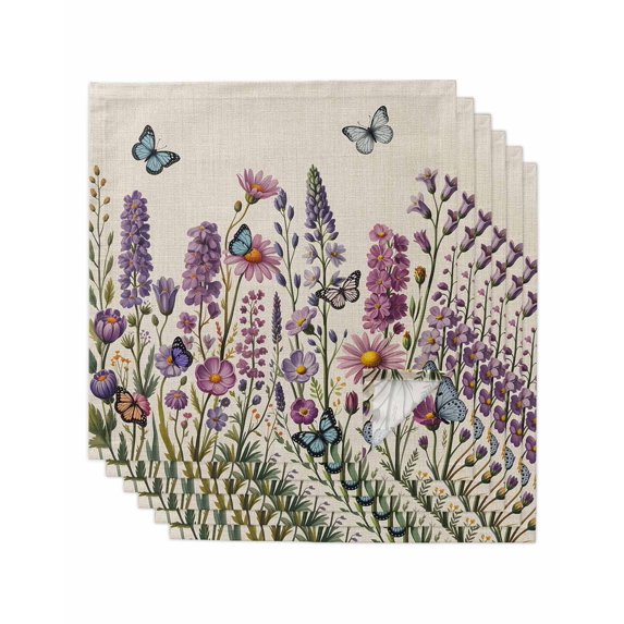 Purple Flowers Cloth Napkins Set of 6 Reusable Dinner Napkins, Spring Butterflies Lavender Daisy Beige Cocktail Napkin Washable Table Napkins for Wedding/Holiday Party/Baby Shower 20"x20"