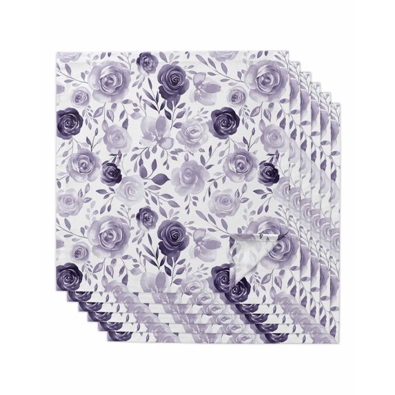 Purple Flowers Cloth Napkins Set of 6 Reusable Dinner Napkins, Watercolor Farmhouse Botanical Floral Leaf Cocktail Napkin Washable Table Napkins for Wedding/Holiday Party/Baby Shower 20"x20"