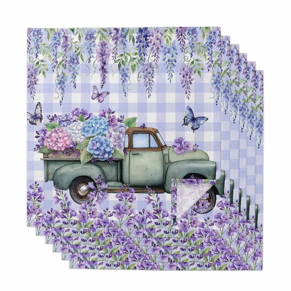 Purple Flowers Cloth Napkins, Weeping Spring Floral Truck Butterfly Checkered Washable and Reusable Dinner Napkins Set of 6, Table Napkin for Kitchen Party Birthday Wedding Hotel Housewarming 20"x20"