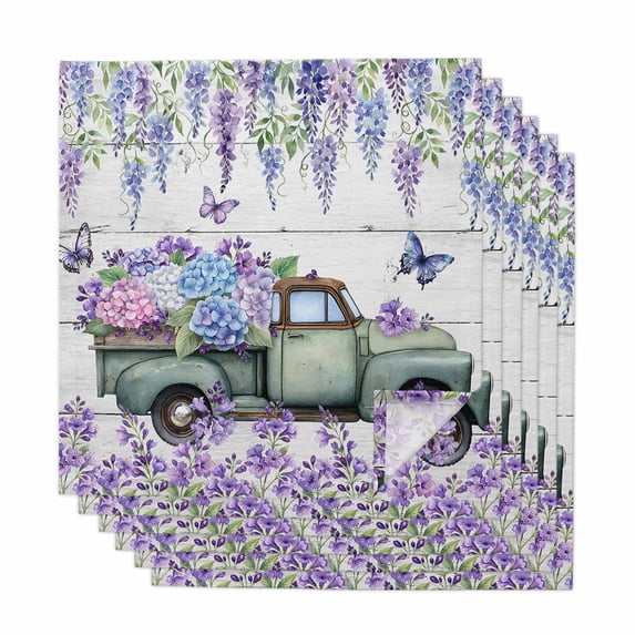 Purple Flowers Cloth Napkins, Weeping Spring Floral Truck Butterfly Wooden Washable and Reusable Dinner Napkins Set of 6, Table Napkin for Kitchen Party Birthday Wedding Hotel Housewarming 20"x20"