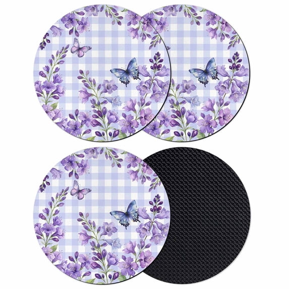 Purple Flowers Coasters Set of 4, Absorbent Coasters for Drinks, Butterfly Spring Floral Checkered Farmhouse Coaster for Desk Coffee Table Protection, Home Decor House Warming Gifts 4"