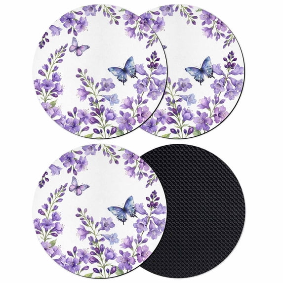 Purple Flowers Coasters Set of 4, Absorbent Coasters for Drinks, Butterfly Spring Floral Watercolor Farmhouse Coaster for Desk Coffee Table Protection, Home Decor House Warming Gifts 4"