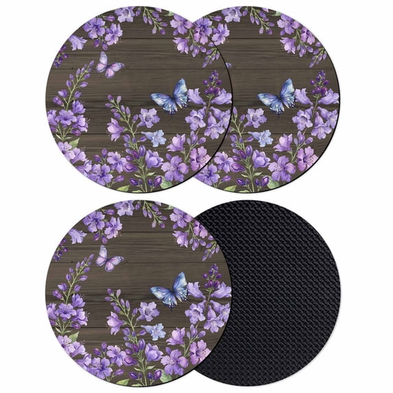 Purple Flowers Coasters Set of 4, Absorbent Coasters for Drinks, Butterfly Spring Floral Wooden Farmhouse Coaster for Desk Coffee Table Protection, Home Decor House Warming Gifts 4"