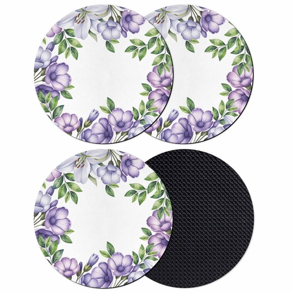 Purple Flowers Coasters Set of 4, Absorbent Coasters for Drinks, Spring Watercolor Floral Leaves Plants Coaster for Desk Coffee Table Protection, Home Decor House Warming Gifts 4"